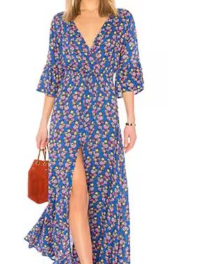 Blue Floral Wrap Maxi Dress with Front Slit